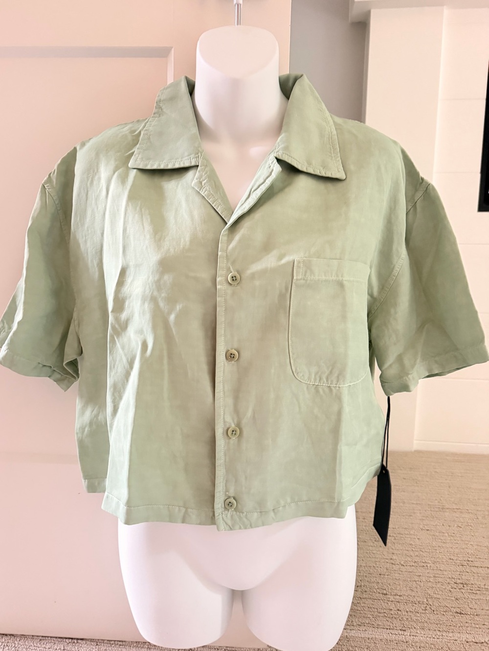 LES TIEN Minty Green Crop Button-Down Camp Collar Linen Blend Shirt M NWT $240!!